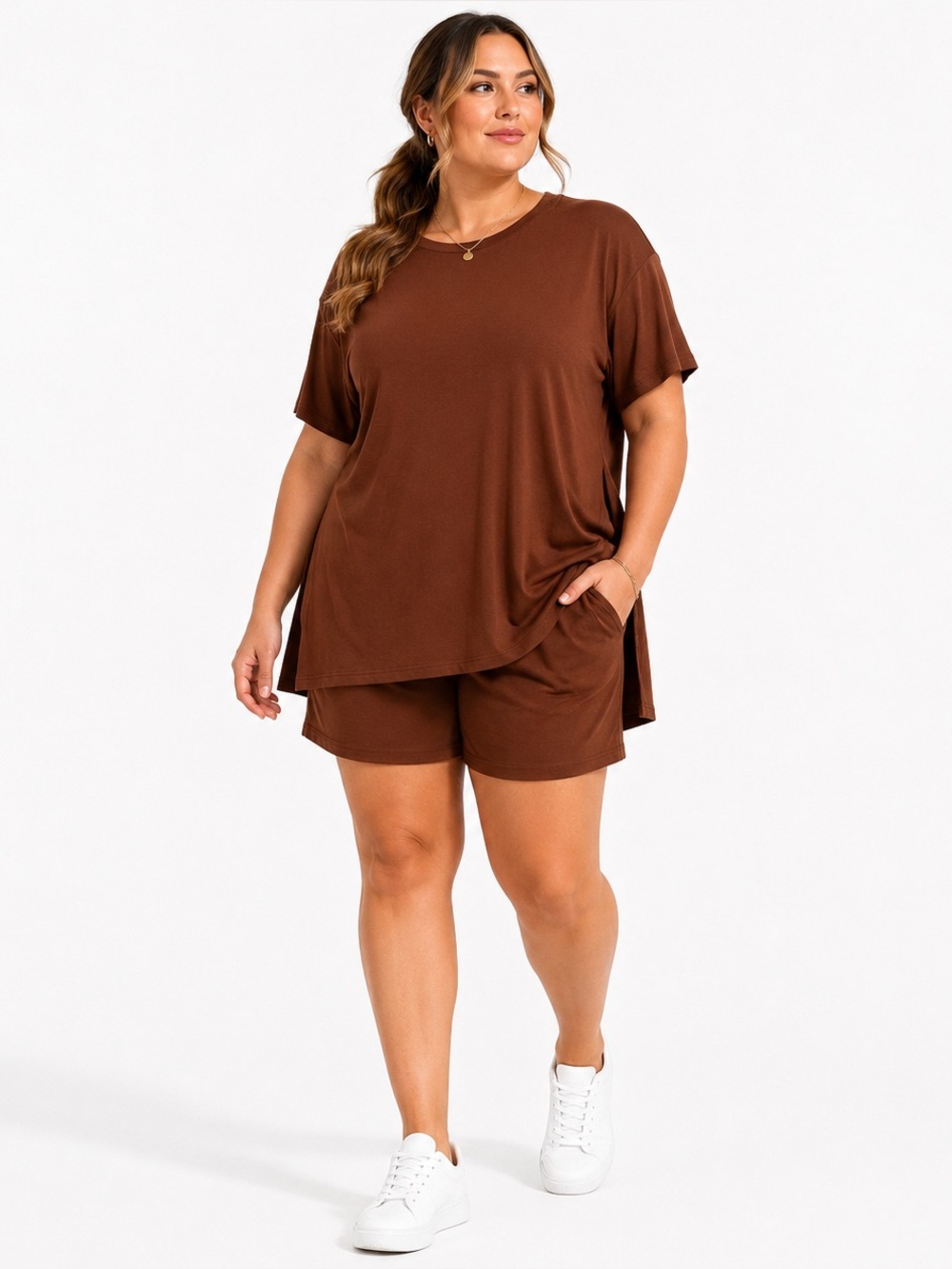 Brown 2 Piece Lounge Set Oversized Tunic Top Biker Shorts XL